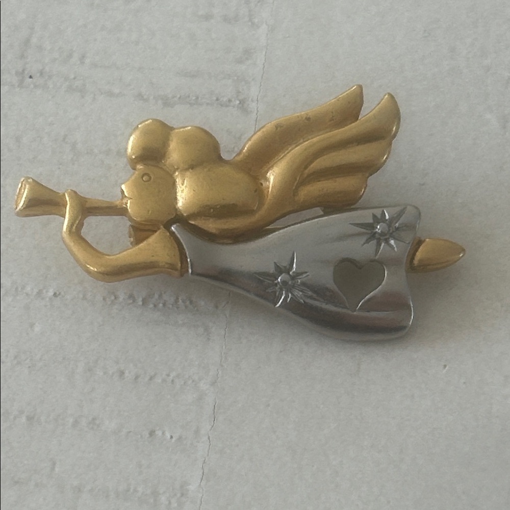 Gold crown angel and horn brooch